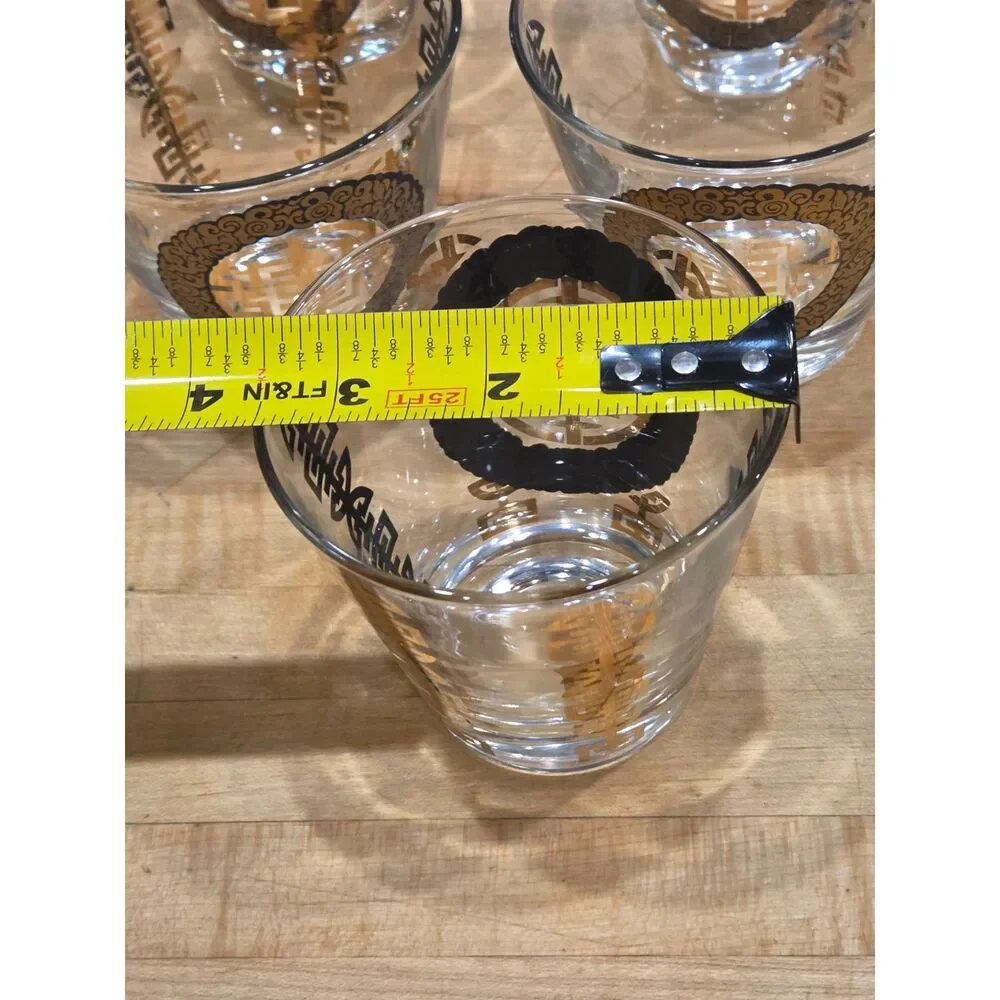 Vintage Mid Century Culver Asian Dynasty Gold Black Rocks Glasses Set 5 Lowball